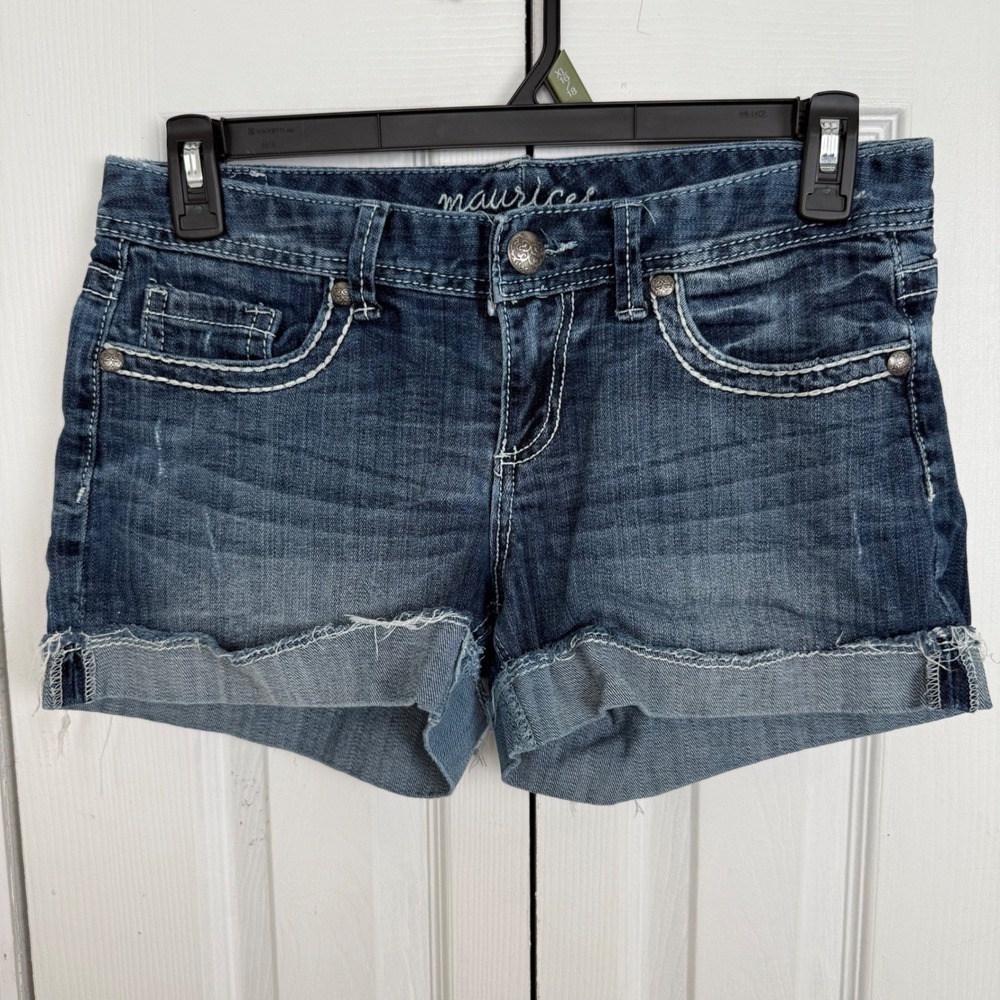 Maurices Y2K Low Rise Denim Shorts Dark Wash Thick Stitch Embroidered Size 7/8